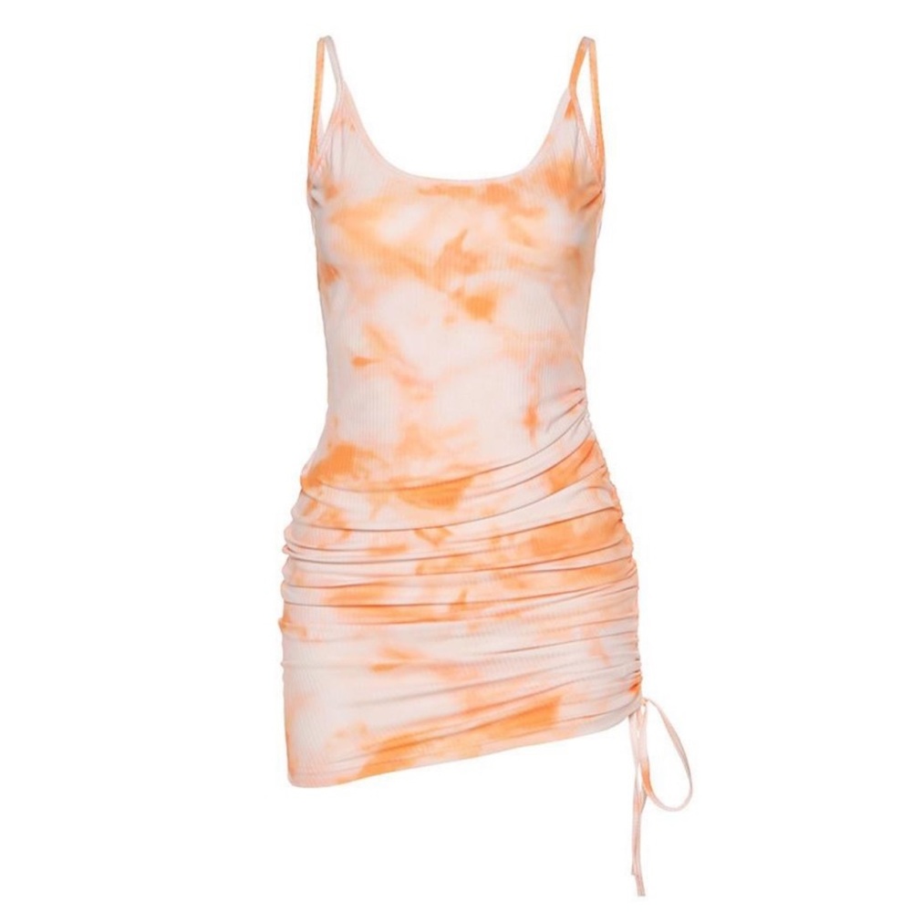 Orange Tie-Dye Ruched Mini Dress